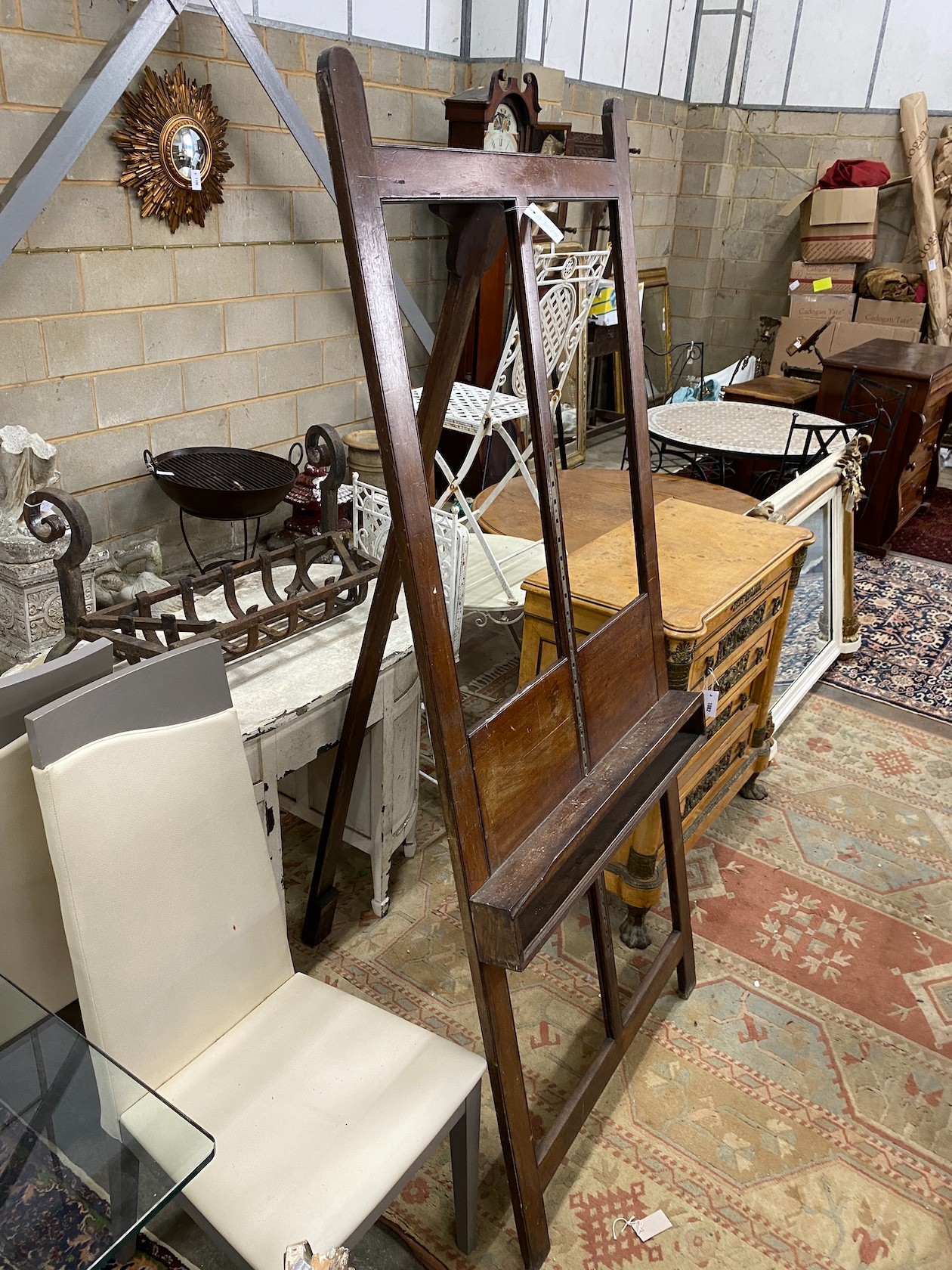 An early 19th century mahogany artist's easel, width 84cm, height 188cm